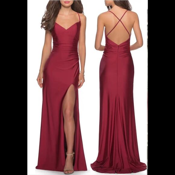 Le Femme Burgundy Spaghetti Strap Cross Back Satin Jersey Trumpet Gown Sz6 NWT - Picture 1 of 16